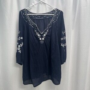 Talbots Women’s Blue Cotton Gauzy Embroidered Boho Flowy Top 3X